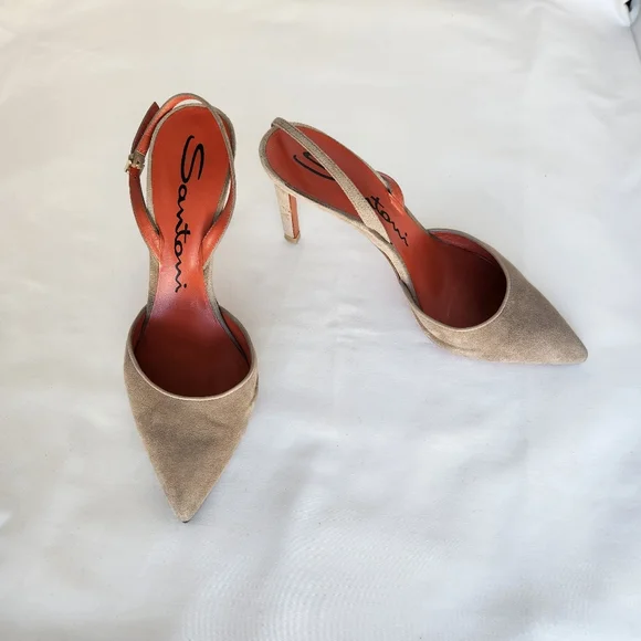 Santoni pumps women's slingback sz 8 Eu38 suede tan shoes stiletto point toe - Picture 14 of 16